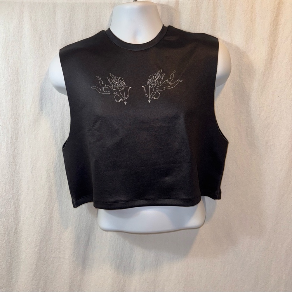 Brand New Men’s ASOS Black Neoprene Cropped Tank Top W/Angel Cherub Print Sz Sm